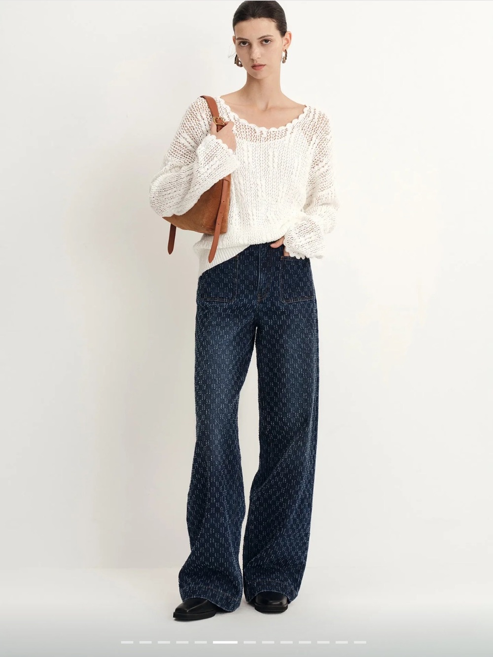 Fabrique Wide-Leg High-Rise Dark Blue raised Diamond Jacquard Jeans Sz L NWOT